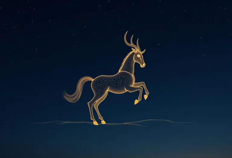 An elegant centaur-archer constellation rendered as fine celestial line art in warm gold against a deep indigo night sky with soft stars