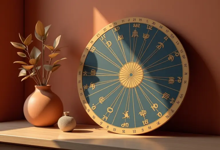 A warm, softly lit editorial illustration of a circular natal chart wheel divided into twelve house segments, rendered in muted terracotta