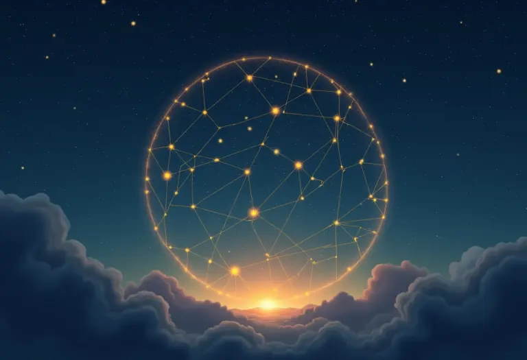 A soft, atmospheric illustration of two intertwined constellation patterns merging into a single new star chart