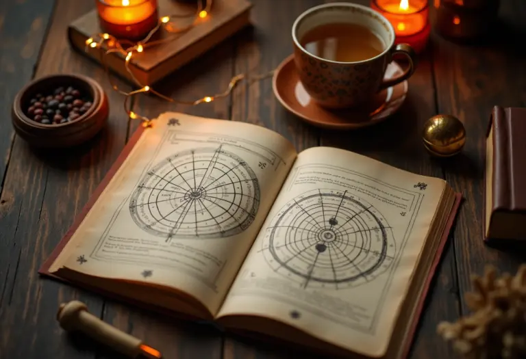 A warm, softly lit flat-lay of an astrology journal open to a hand-drawn birth chart wheel, next to a small brass ringed-planet ornament and a cup of tea