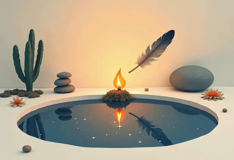 A warm, softly lit flat-lay illustration of four symbolic elements arranged in a circle: a small flame, a cluster of stones and moss