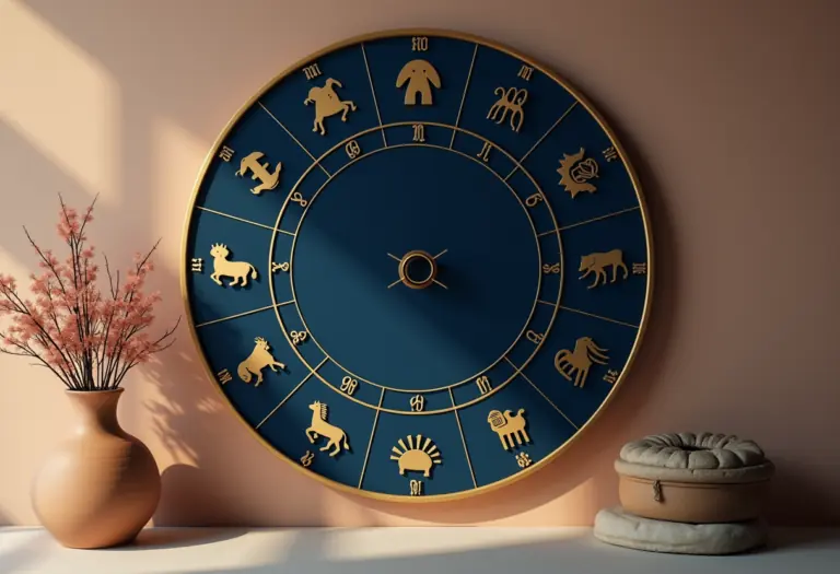 A warm, softly lit flat-lay of a zodiac wheel divided into three color-coded arcs for cardinal, fixed and mutable signs, minimalist celestial line icons, deep indigo background with gold accents, calm and editorial in tone.