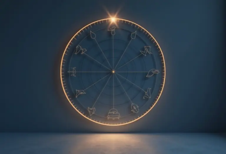 A calm, minimalist illustration of a birth chart wheel at dusk, muted indigo and gold palette, no faces