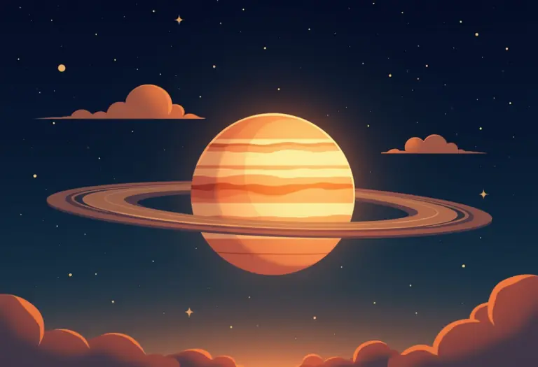 A warm, editorial illustration of the planet Jupiter rendered as a glowing golden-amber sphere with soft banded clouds