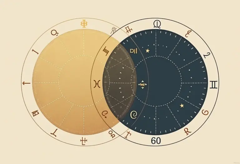 A warm, elegant illustration of two circular birth chart wheels overlapping like a Venn diagram, soft gold and deep indigo tones