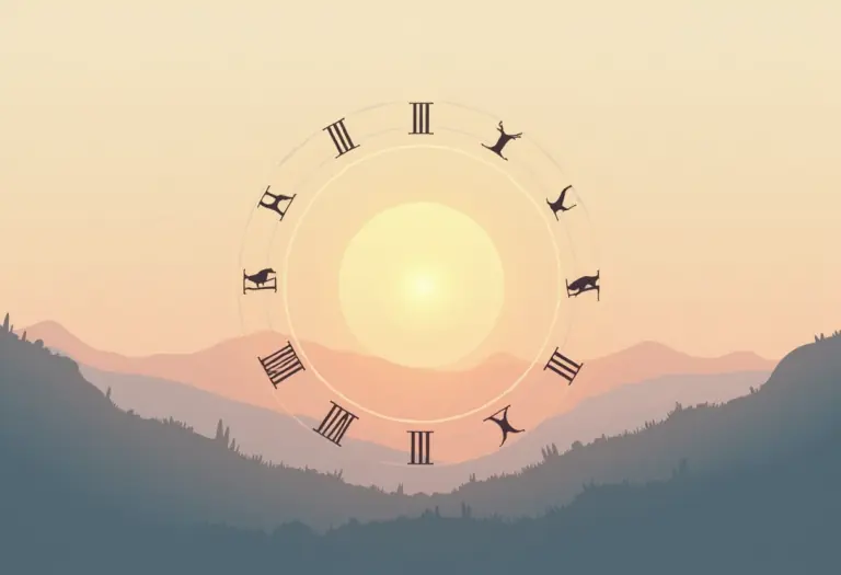 A soft, warm illustration of a zodiac wheel at sunrise, minimal and elegant, muted pastel colors, contemplative and calm mood