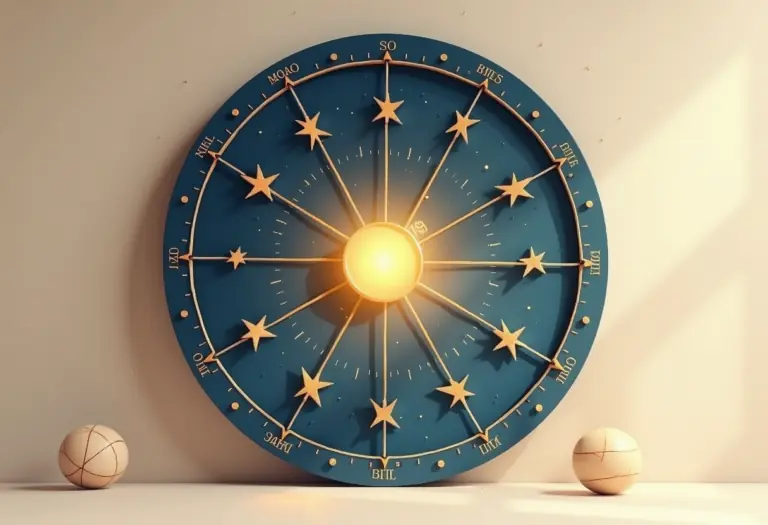 A soft, dreamy illustration of a birth chart wheel with a single glowing point highlighted among the houses, warm gold and deep indigo tones