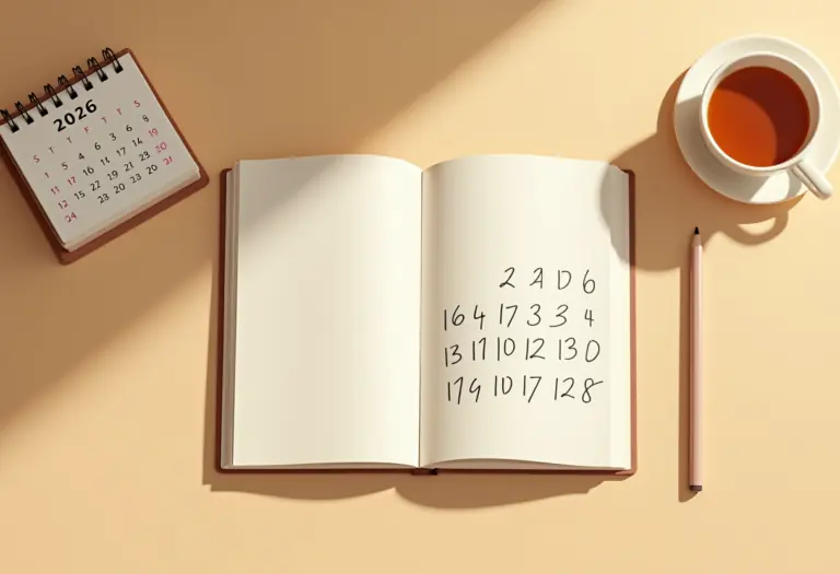A warm, softly lit flat-lay photograph of an open journal with a hand-drawn grid of numbers next to a small desk calendar turned to a 2026 page