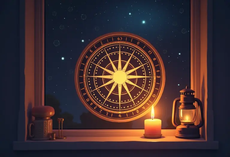 A warm, softly lit illustration of a birthday-themed astrological wheel chart glowing gently against a night sky, celestial and inviting rather than dark or mystical, with subtle candle or lantern light suggesting a birthday moment.