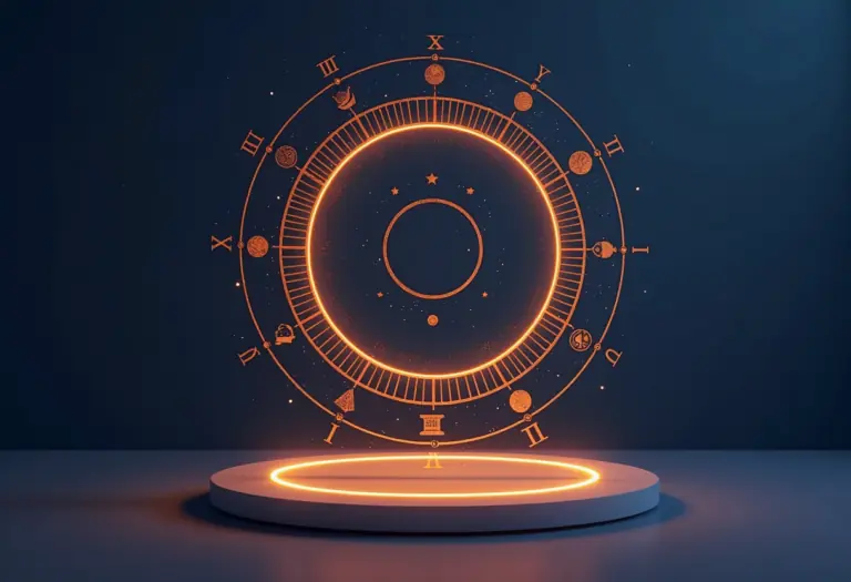 A warm, softly lit illustration of a round birth chart wheel with glowing gold lines connecting different points around its edge