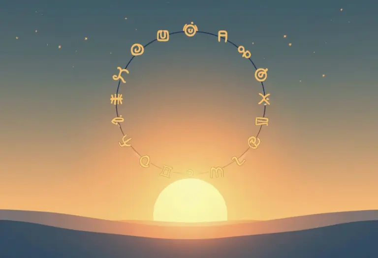 A calm, minimal illustration of the sun low on a soft horizon with a faint ring of twelve zodiac symbols arranged in a circle around it
