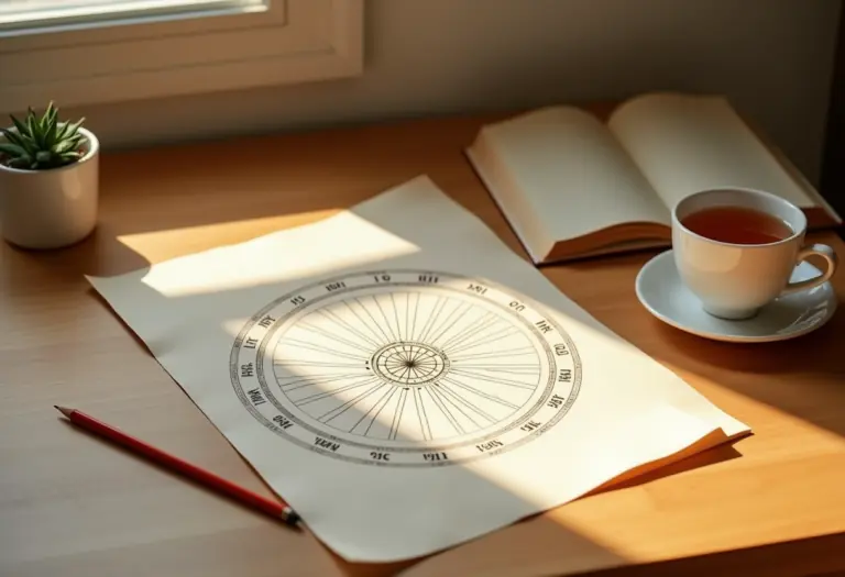 A softly lit flat-lay of an astrological birth chart wheel printed on paper, resting on a wooden desk beside a warm cup of tea