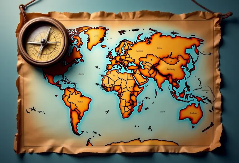 A warm, softly lit flat-lay of an antique world map with a hand-drawn birth chart wheel and a compass resting on top