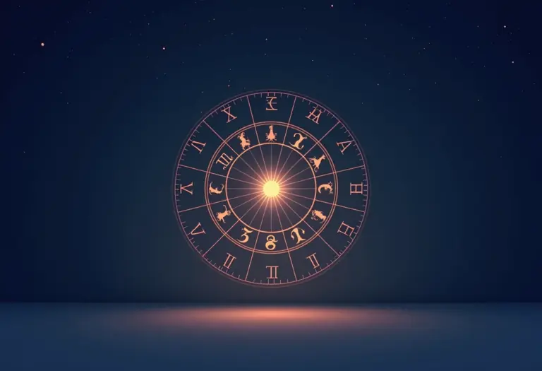A soft, warm-toned flat illustration of a circular astrological birth chart wheel with the twelve houses and zodiac symbols