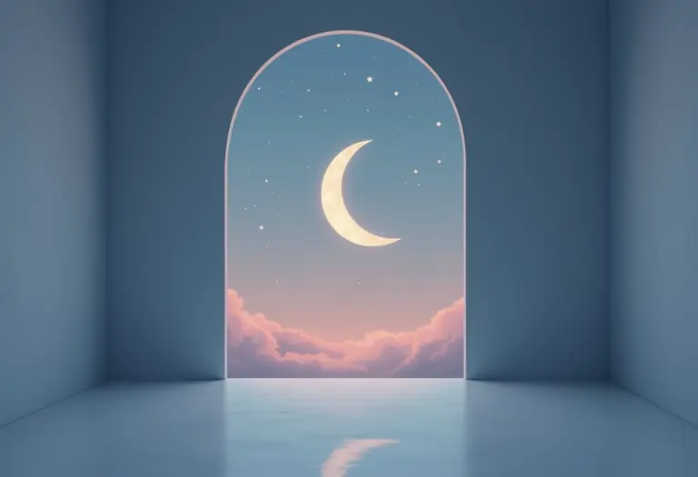 A serene minimalist illustration of a soft crescent moon glowing over a calm night sky in muted indigo and dusty pink tones