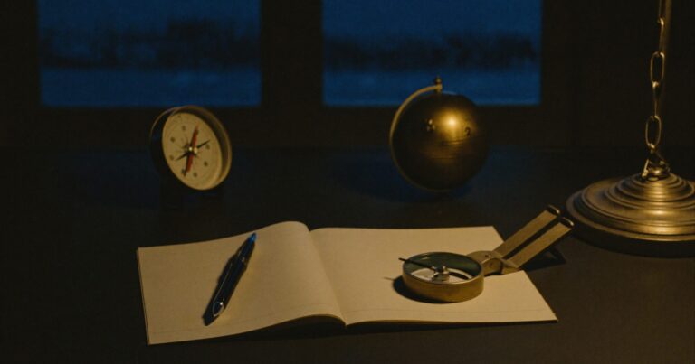 An open blank notebook, a pen and a brass compass on a dark desk under a low lamp, with a night window behind