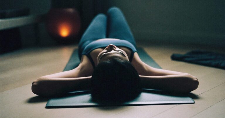 A person lying on a mat in a dim room, eyes closed and arms relaxed, during a non-sleep deep rest practice
