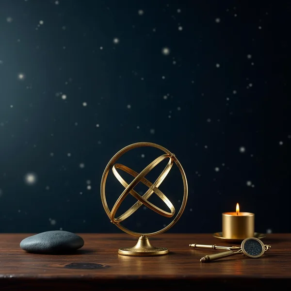 A polished brass armillary sphere and a pair of brass dividers on a dark walnut desk under soft window light