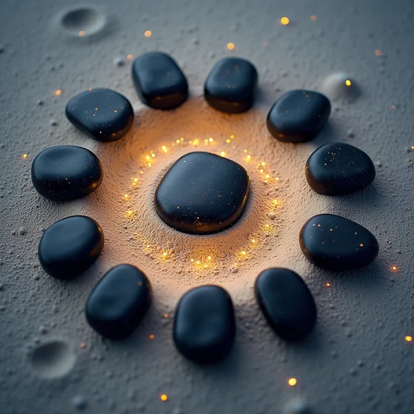 A ring of dark stones set around a single central stone on grey sand, with small warm points of light between them, seen from above