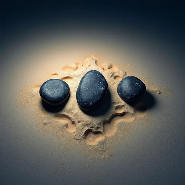Three dark stones resting close together on pale sand, seen from above in a pool of warm light