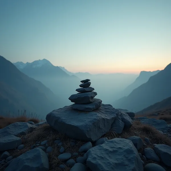 A stacked stone cairn on a rock slab above a mist-filled mountain valley at first light