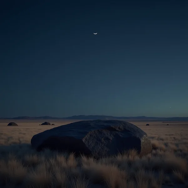 A dark boulder on open grassland at dusk beneath a deep blue sky with a thin crescent moon low over the horizon