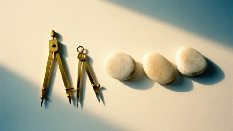Brass drawing dividers and a small compass laid beside three smooth pale river stones on warm paper, a band of blue shadow crossing the surface