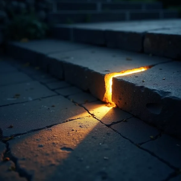 A low close view of dark grey stone steps with a bright warm gold line of light along one step edge and a wedge of the same light spilling across the paving below, the rest in deep indigo shadow
