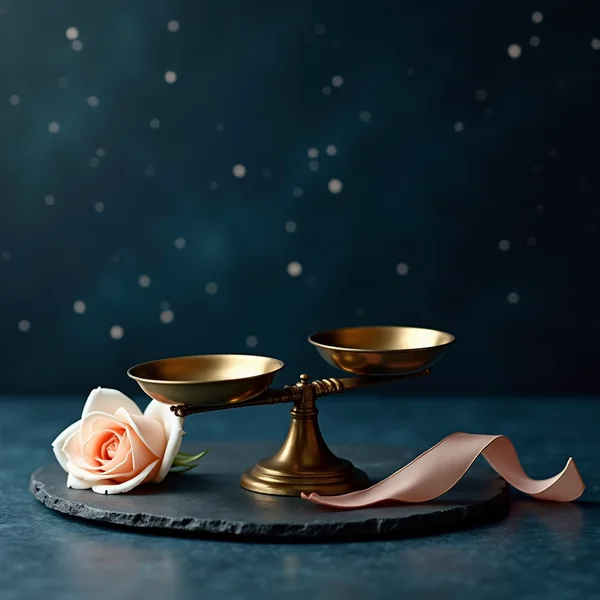 An antique brass balance scale with level empty pans beside a pale rose on dark slate under an indigo sky