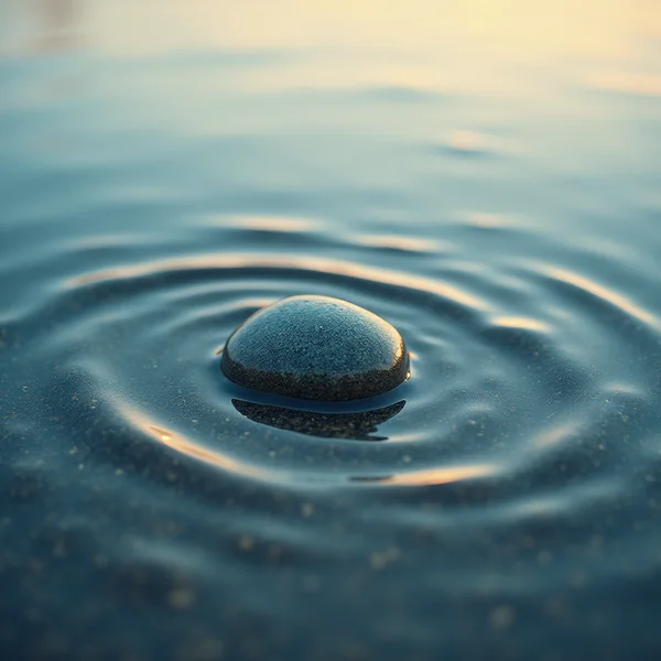 A smooth blue-grey pebble half submerged in shallow water, with concentric ripples spreading outward across the surface in pale dawn light