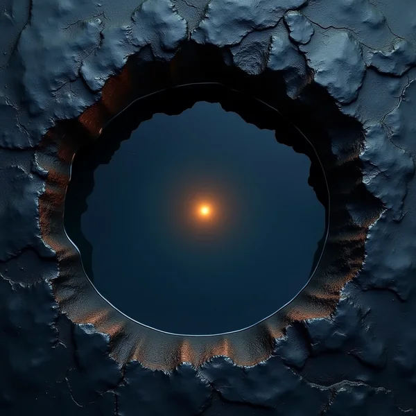 A round pool of still water in a hollow of cracked dark stone, seen from above, with a single warm point of light at its centre