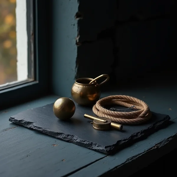 An iron sphere, a brass compass and knotted rope on slate, evoking Mars in Capricorn