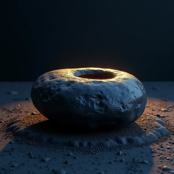 A rounded dark stone with a circular hollow worn through its top, warm gold light catching the far rim of the hollow, resting on coarse dark grit against a deep indigo background