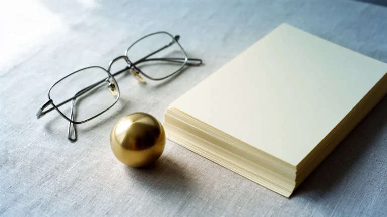 A folded pair of wire-rimmed reading glasses and a polished brass sphere beside a neat stack of blank cream card stock on pale linen