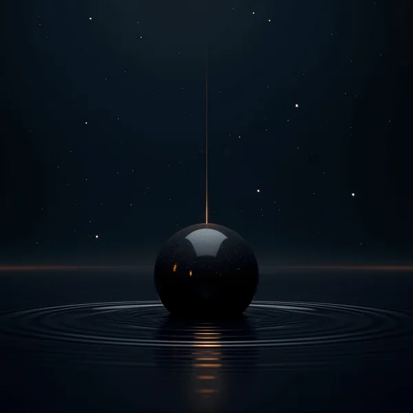A dark obsidian sphere half submerged in still water beneath a sparse star field