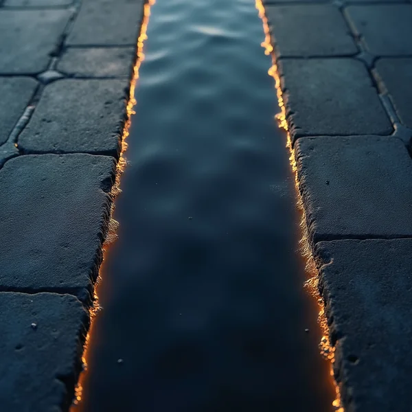 A narrow channel of dark still water running between large grey stone paving blocks, warm gold light glowing along both edges of the channel as it recedes into the distance