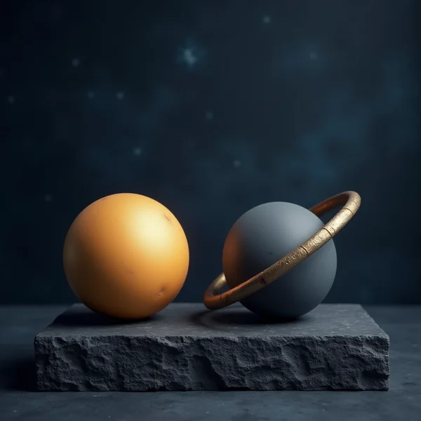 A warm golden sphere and a cool ringed sphere facing each other across a deep indigo night sky background