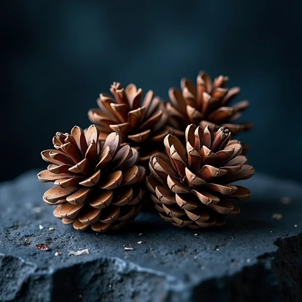 Four pine cones with open scales grouped together on dark weathered stone, lit warmly against a deep blue background