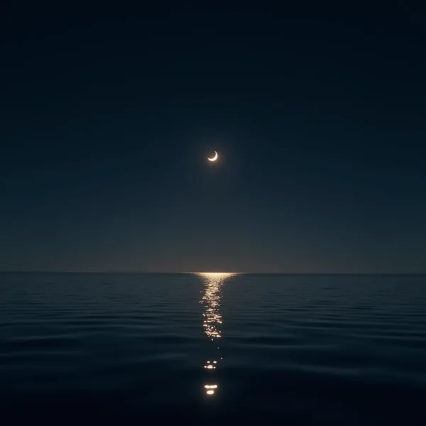 A thin crescent moon high in a near-black sky over a flat dark sea, its light falling in one narrow bright column across the water toward a faint pale glow along the horizon