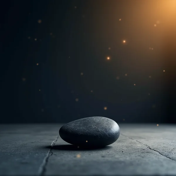 A smooth dark stone resting on cracked grey ground, with warm light entering from one corner and small points of light in the air