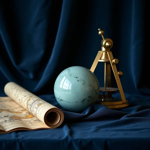 A pale blue-green sphere and brass instrument on indigo cloth, evoking the slow orbit of Uranus