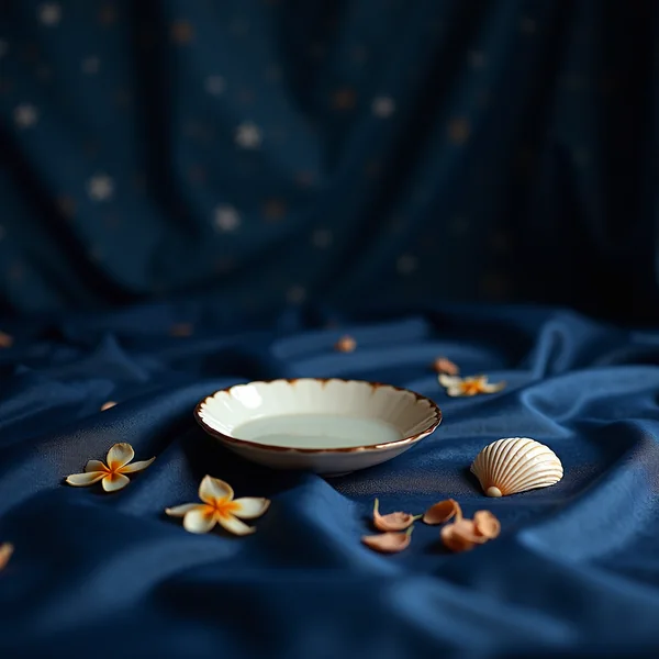 A seashell and a dish of still water on indigo silk under a soft starfield, evoking Venus in Pisces